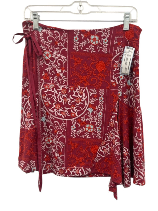 By Anthropologie Size 8 Red & Multi Viscose Wrap Embroidered Above knee Skirt Red & Multi / 8