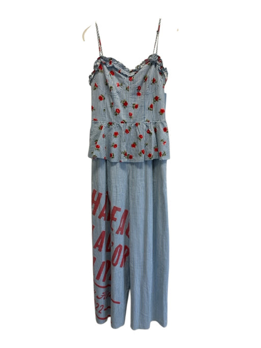 Maeve Size 6 Blue, White & Multi Cotton Blend Striped Roses Ruffles Jumpsuit Blue, White & Multi / 6