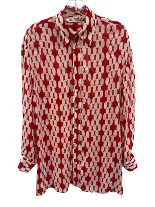 Zara Size M Red & White Viscose Printed Button Front Zip & Hook Pants Set Red & White / M