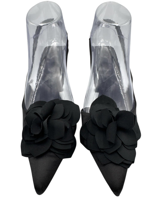 Zara Shoe Size 37 Black Pointed Toe Flower Application Satin Slingback Pumps Black / 37