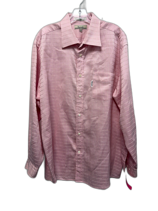 Facconable Size L Pink & White Cotton Grid Button Up Men's Long Sleeve Shirt Pink & White / L