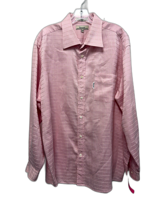 Facconable Size L Pink & White Cotton Grid Button Up Men's Long Sleeve Shirt Pink & White / L