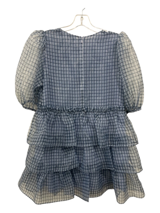 Ganni Size 36 Blue Polyester Windowpane Sheer Overlay Short Puff Sleeve Dress Blue / 36