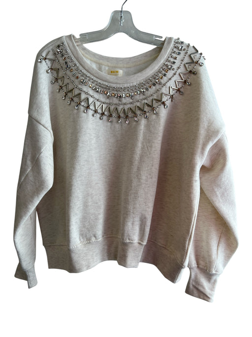 Maeve Size M Cream Cotton Blend Round Neck Long Sleeve Beaded Neckline Top Cream / M