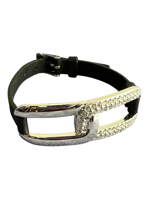 Swarovski Black Metal & Leather Crystal Silver Hardware Buckle Bracelet Black