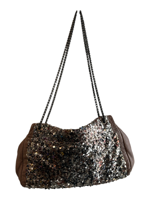 Elie Tahari Brown & Gold Leather Sequin Chain Strap Magnetic Close Fold Over Bag Brown & Gold