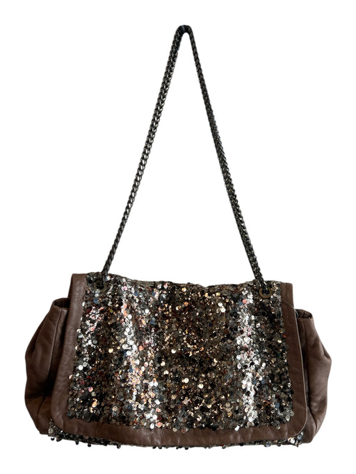Elie Tahari Brown & Gold Leather Sequin Chain Strap Magnetic Close Fold Over Bag Brown & Gold