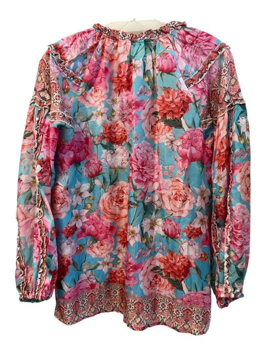 Johnny Was Size S Pink & Multi Silk Line Floral Print Tie Neck Ruffle Detail Top Pink & Multi / S