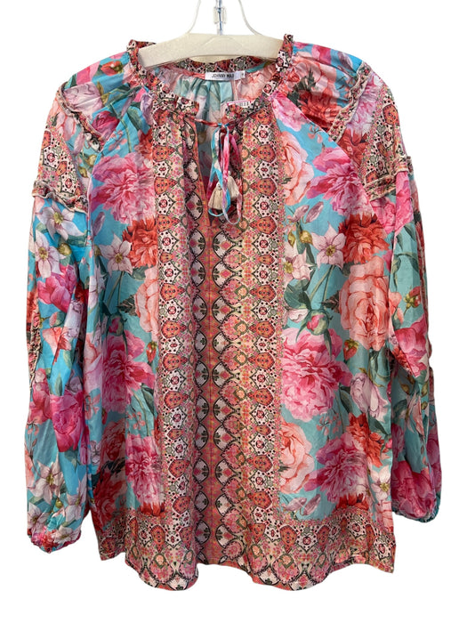 Johnny Was Size S Pink & Multi Silk Line Floral Print Tie Neck Ruffle Detail Top Pink & Multi / S