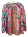 Johnny Was Size S Pink & Multi Silk Line Floral Print Tie Neck Ruffle Detail Top Pink & Multi / S