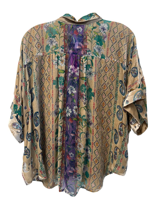 Johnny Was Size S Beige & Multi Rayon & Silk Flocked Detail Short Sleeve Top Beige & Multi / S