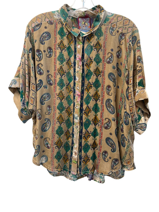 Johnny Was Size S Beige & Multi Rayon & Silk Flocked Detail Short Sleeve Top Beige & Multi / S