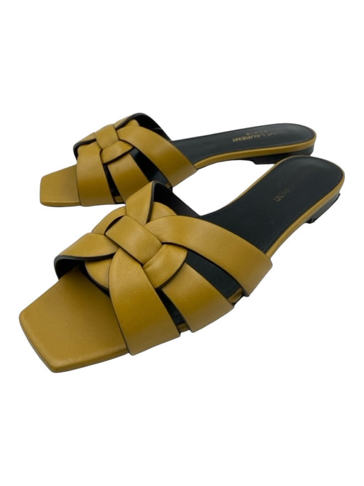 Saint Laurent Shoe Size 39 Dark Yellow Leather Woven Open Toe Slide Sandals Dark Yellow / 39