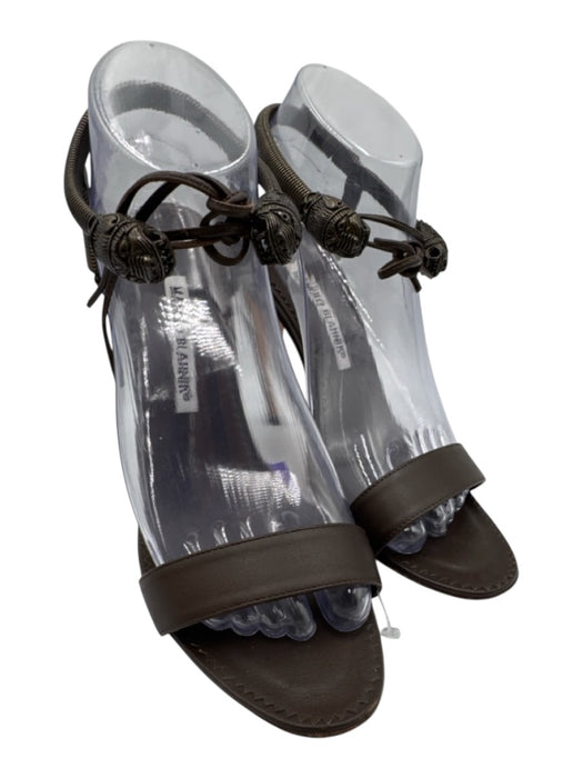 Manolo Blahnik Dark Brown Leather open toe Box Inc. Sandals Dark Brown