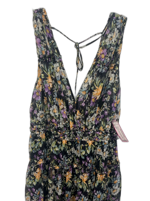 ASTR Size L Black & Multi Polyester Floral Sleeveless V Neck Elastic Waist Dress Black & Multi / L