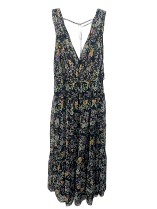 ASTR Size L Black & Multi Polyester Floral Sleeveless V Neck Elastic Waist Dress Black & Multi / L