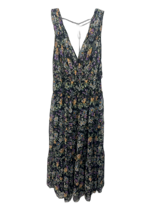 ASTR Size L Black & Multi Polyester Floral Sleeveless V Neck Elastic Waist Dress Black & Multi / L