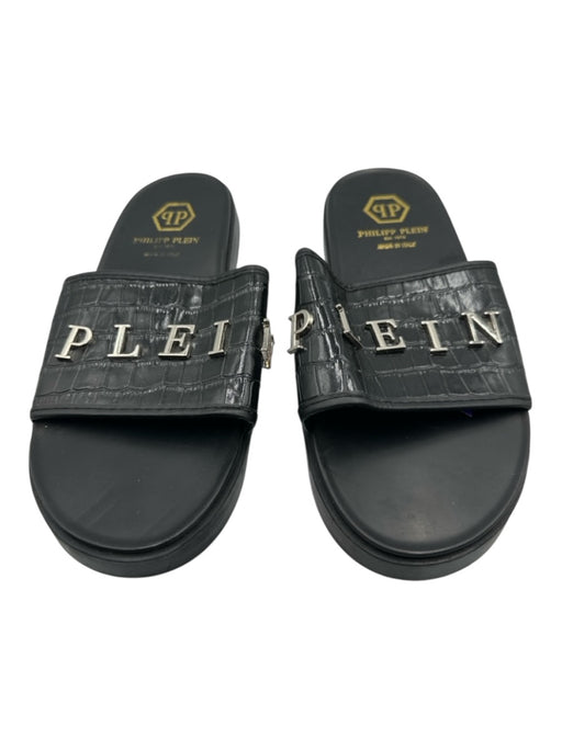 Phillip Plein Shoe Size 40 Black Leather Embossed Sandal Men's Shoes Black / 40