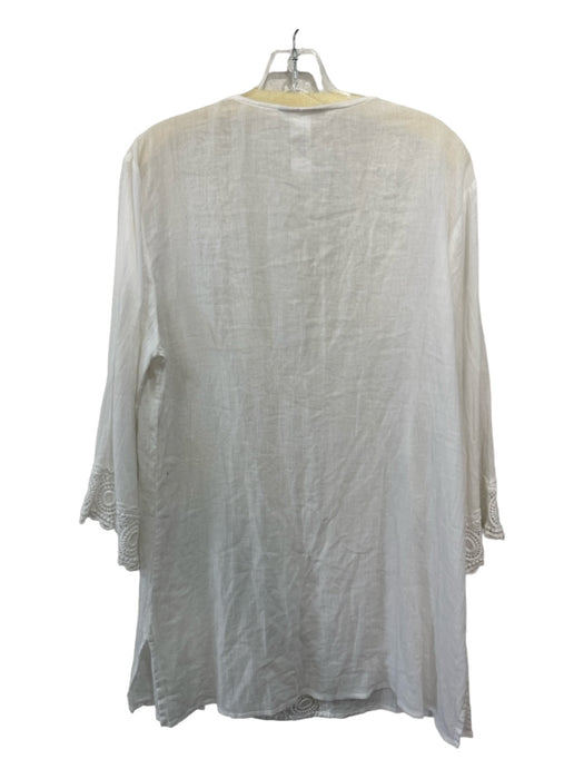 La Blanca Size M White Cotton V Neck Crochet Long Sleeve Tunic Top White / M