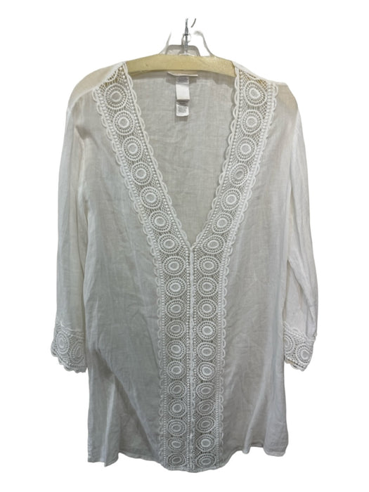 La Blanca Size M White Cotton V Neck Crochet Long Sleeve Tunic Top White / M