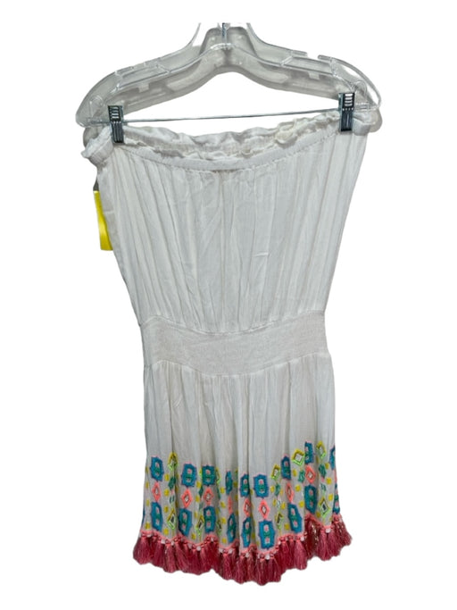 Ramy Brook Size L White & Multi Rayon Strapless Embroidered Tassle Hem Dress White & Multi / L