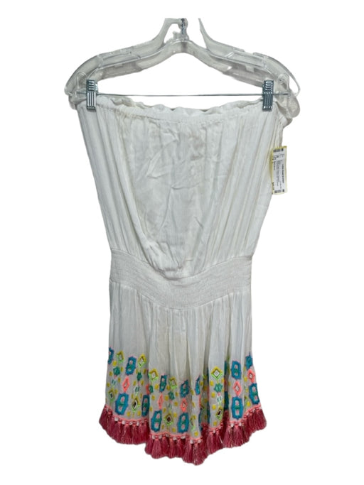 Ramy Brook Size L White & Multi Rayon Strapless Embroidered Tassle Hem Dress White & Multi / L