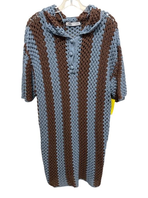 Zara Size L Blue & Brown Cotton Crochet Buttons Short Sleeve Knee length Dress Blue & Brown / L