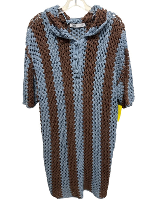Zara Size L Blue & Brown Cotton Crochet Buttons Short Sleeve Knee length Dress Blue & Brown / L