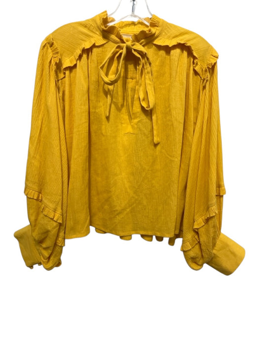 Carolina K Size M Yellow Cotton Long puff sleeve Split Neck Tie Neck Crop Top Yellow / M