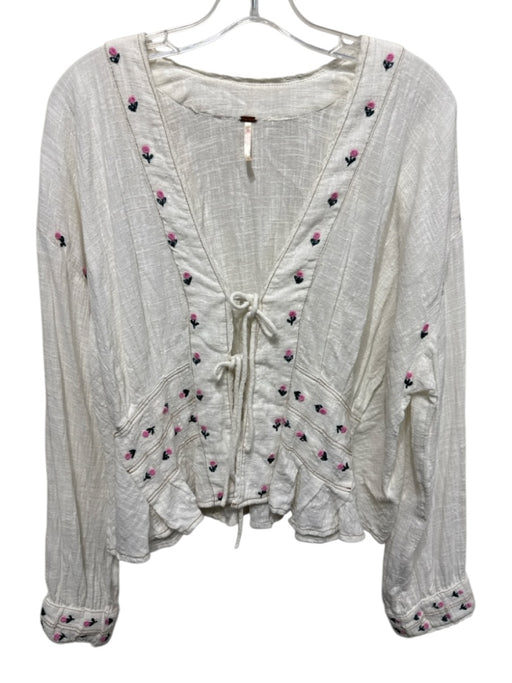 Free People Size S Cream White, Pink & Green Cotton Blend Long Sleeve Top Cream White, Pink & Green / S