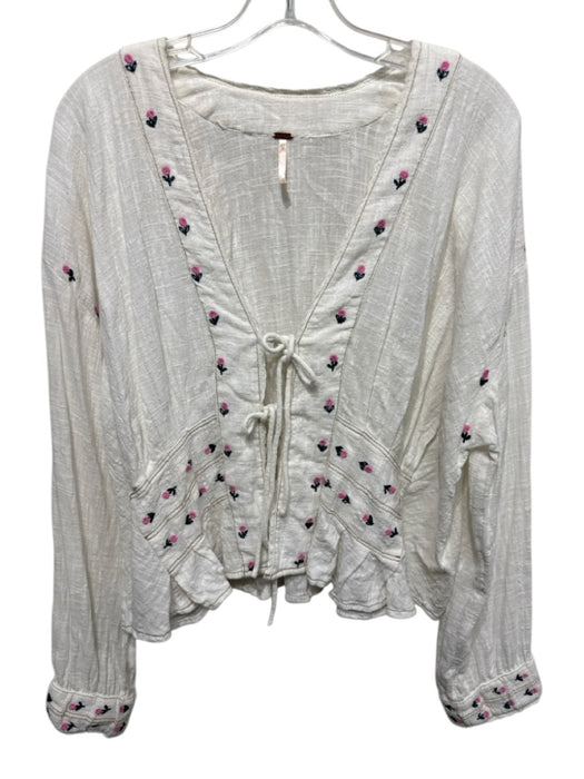 Free People Size S Cream White, Pink & Green Cotton Blend Long Sleeve Top Cream White, Pink & Green / S