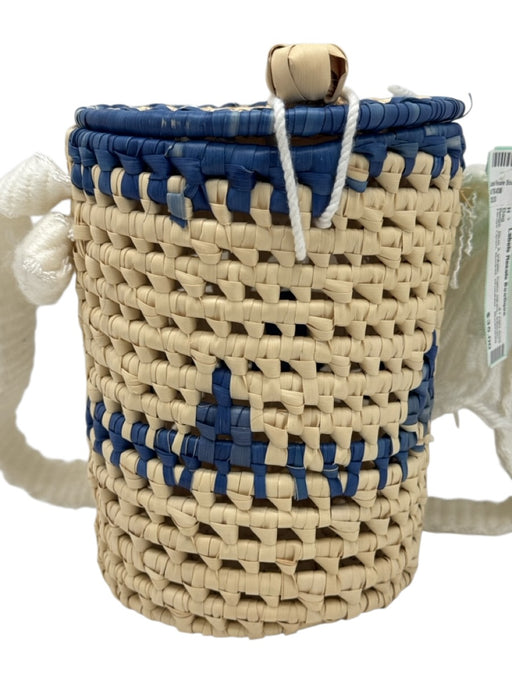 Beige, Blue & White Palm Straw Woven Hinge Open Bucket Shoulder Bag Beige, Blue & White