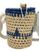 Beige, Blue & White Palm Straw Woven Hinge Open Bucket Shoulder Bag Beige, Blue & White