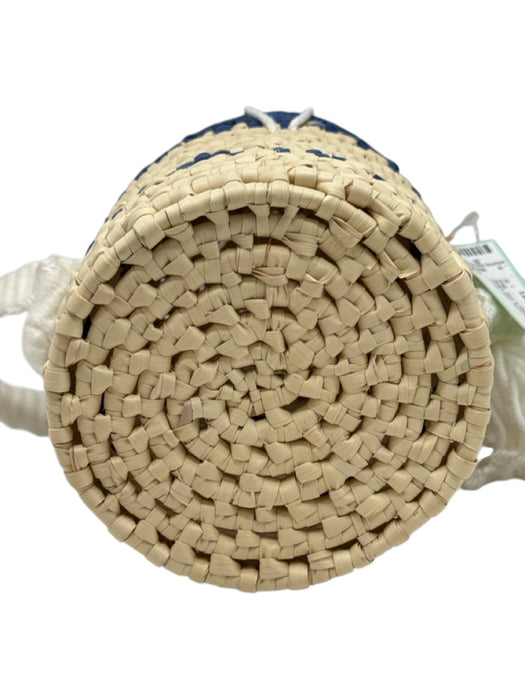 Beige, Blue & White Palm Straw Woven Hinge Open Bucket Shoulder Bag Beige, Blue & White