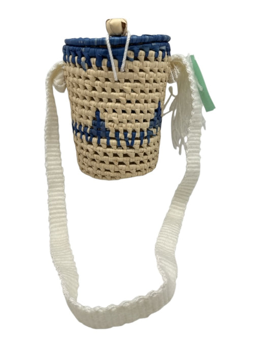 Beige, Blue & White Palm Straw Woven Hinge Open Bucket Shoulder Bag Beige, Blue & White