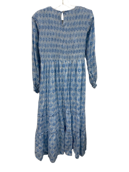 Madison Mathews Size L Blue & White Cotton Long Sleeve Smocked Bodice Midi Dress Blue & White / L