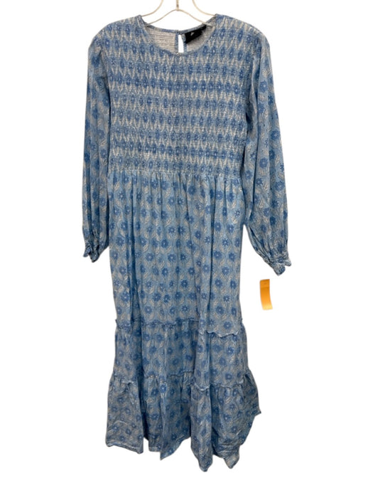 Madison Mathews Size L Blue & White Cotton Long Sleeve Smocked Bodice Midi Dress Blue & White / L