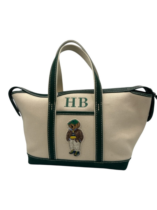 Polo Ralph Lauren Beige & Green Canvas Tote Zip Close Monogram Graphic Bag Beige & Green / M
