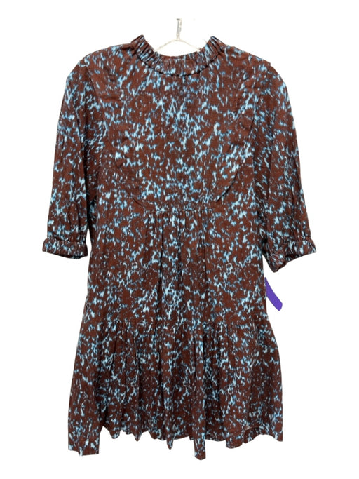 Sea New York Size 00 Brown, Blue, White Cotton Short Puff Sleeve Mock Neck Dress Brown, Blue, White / 00