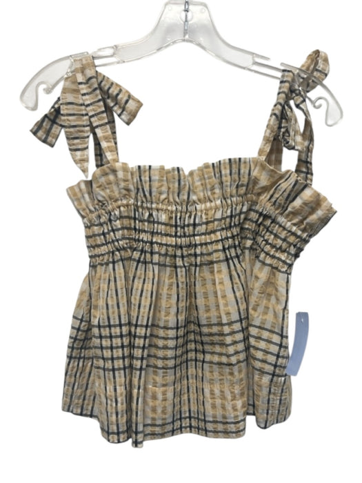 Ganni Size 34 Beige, Black & White Polyester Blend Plaid Sleeveless Gathered Top Beige, Black & White / 34