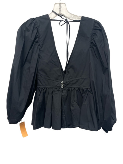 Staud Size 2 Black Cotton Blend Long puff sleeve Gathered Peplum Plunge Neck Top Black / 2