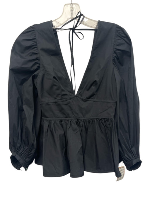 Staud Size 2 Black Cotton Blend Long puff sleeve Gathered Peplum Plunge Neck Top Black / 2