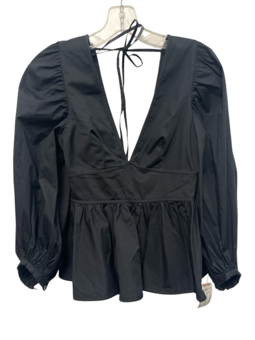 Staud Size 2 Black Cotton Blend Long puff sleeve Gathered Peplum Plunge Neck Top Black / 2