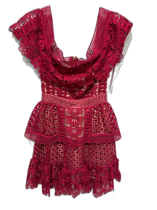 red and tan lace dress Self Portrait Size XS Red & Tan Polyester Crochet Lace Off Shoulder Dr — Labels Resale Boutique