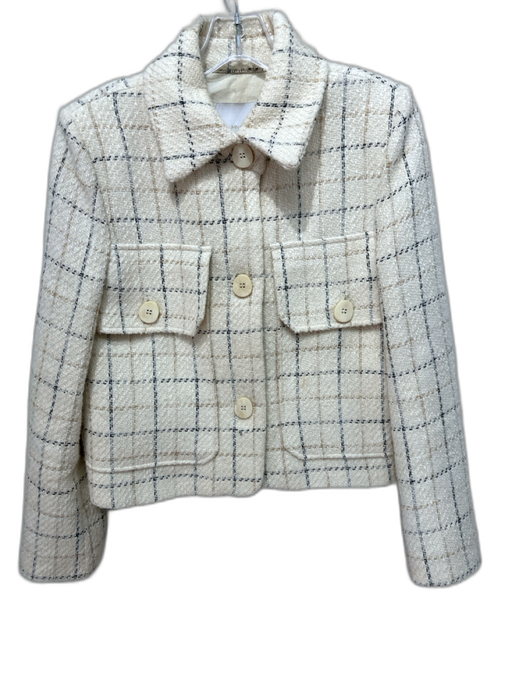 MNG Size Small Cream, Black & Gold Cotton & Wool Blend Tweed Windowpane Jacket Cream, Black & Gold / Small