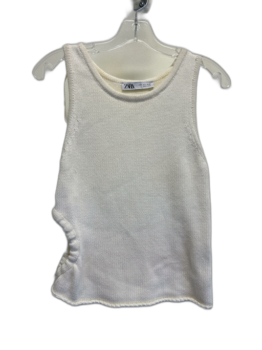 Zara Size S Off White Cotton Knit Crew Neck Sleeveless Drawstring Sides Top Off White / S