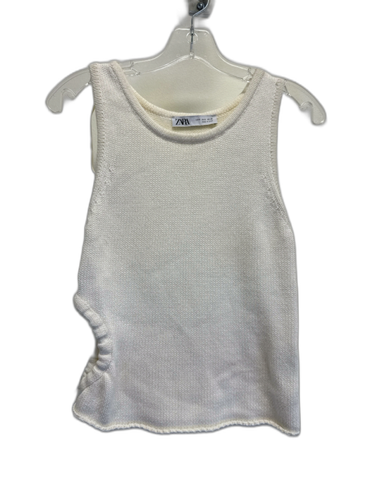Zara Size S Off White Cotton Knit Crew Neck Sleeveless Drawstring Sides Top Off White / S
