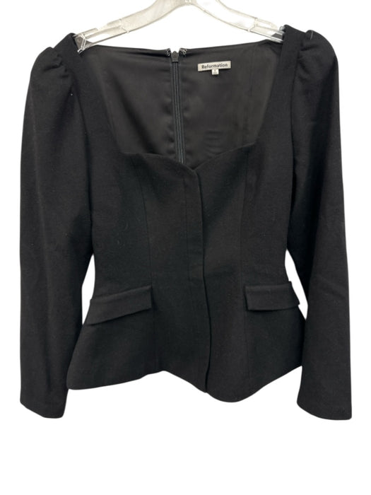 Reformation Size 2 Black Wool Blend Long puff sleeve Faux Pockets Back Zip Top Black / 2