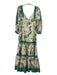 Alexis Size M Green & Beige Linen & Cotton Fruit V Neck 3/4 Balloon Sleeve Dress Green & Beige / M