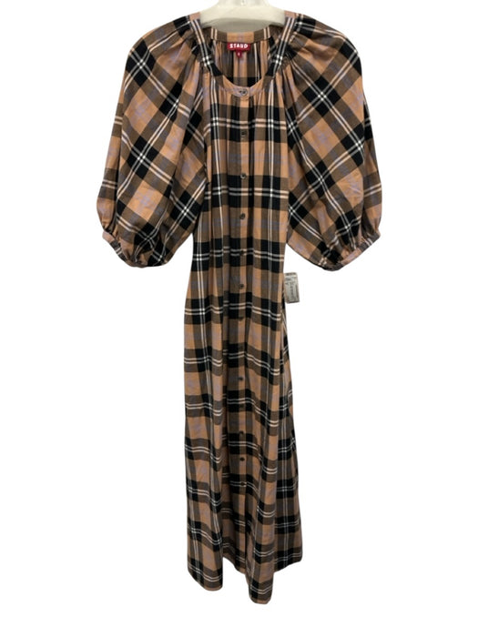 Staud Size M Beige, Black & White Cotton Plaid Button Front Dress Beige, Black & White / M